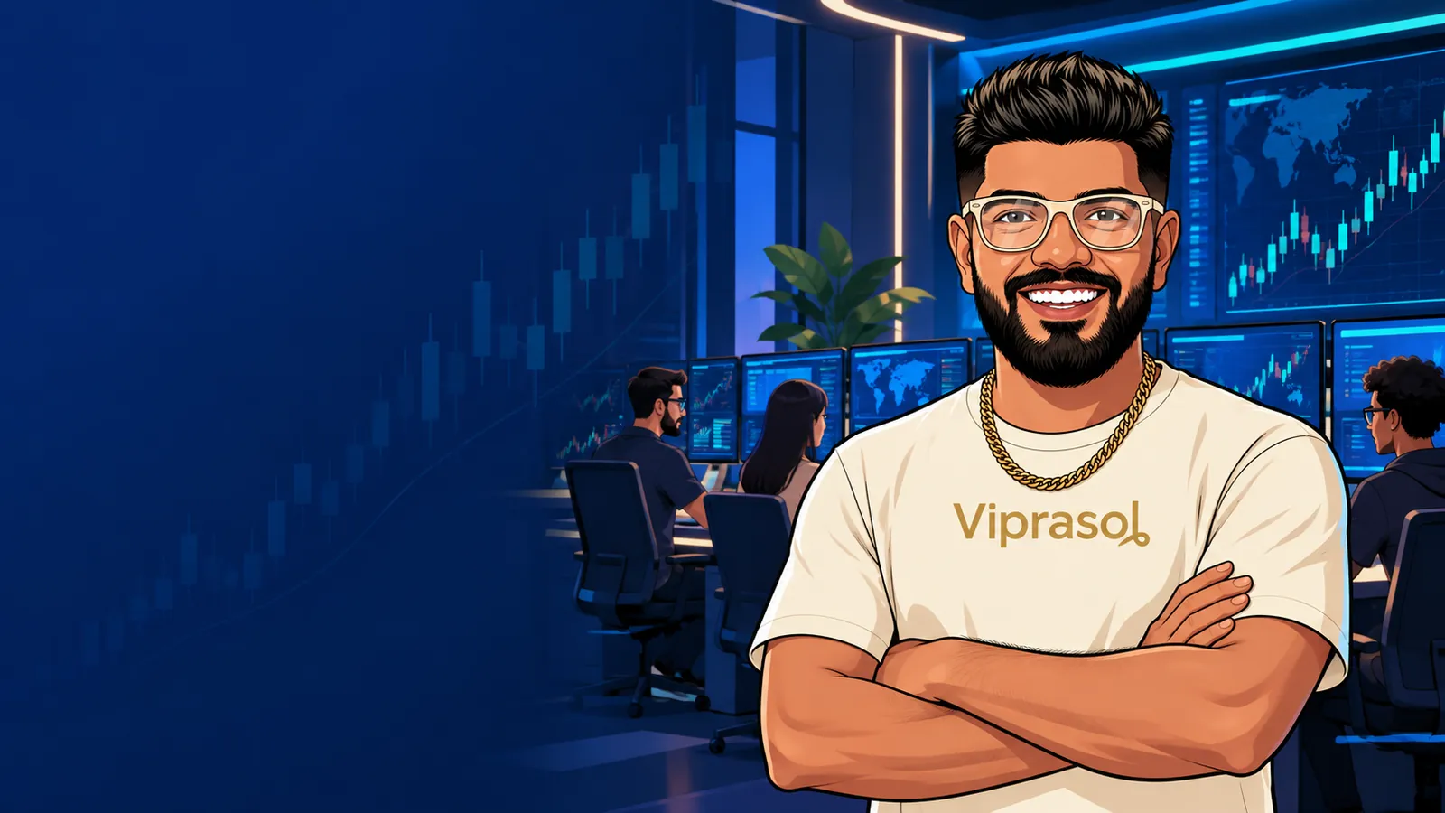 The Viprasol character in an illustrated trading technology workspace